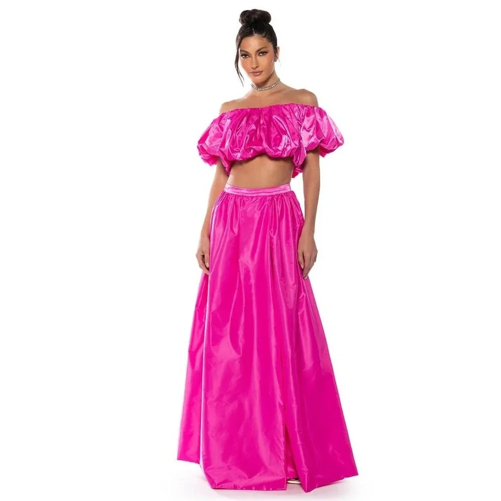 Akira Set Womens L Pink Satin Off Shoulder Volume Crop Top Maxi Skirt 2 Pc